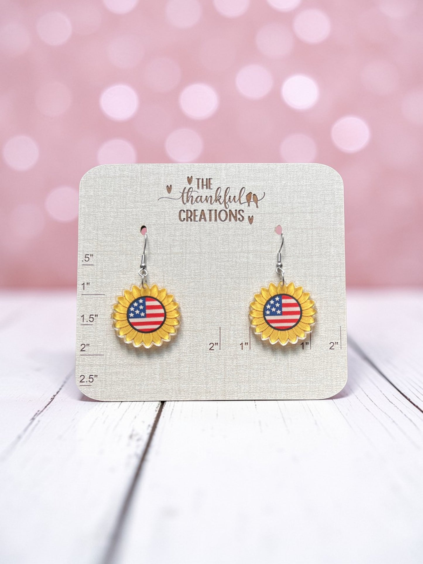 Faux knit sunflower patriotic earrings with red white blue American flag center