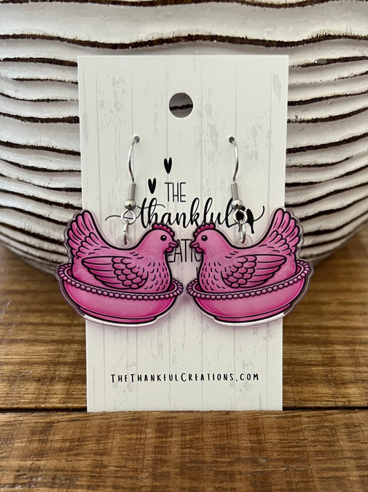 Vintage hen on nest chicken earrings in multiple colors displayed on farmhouse style cards