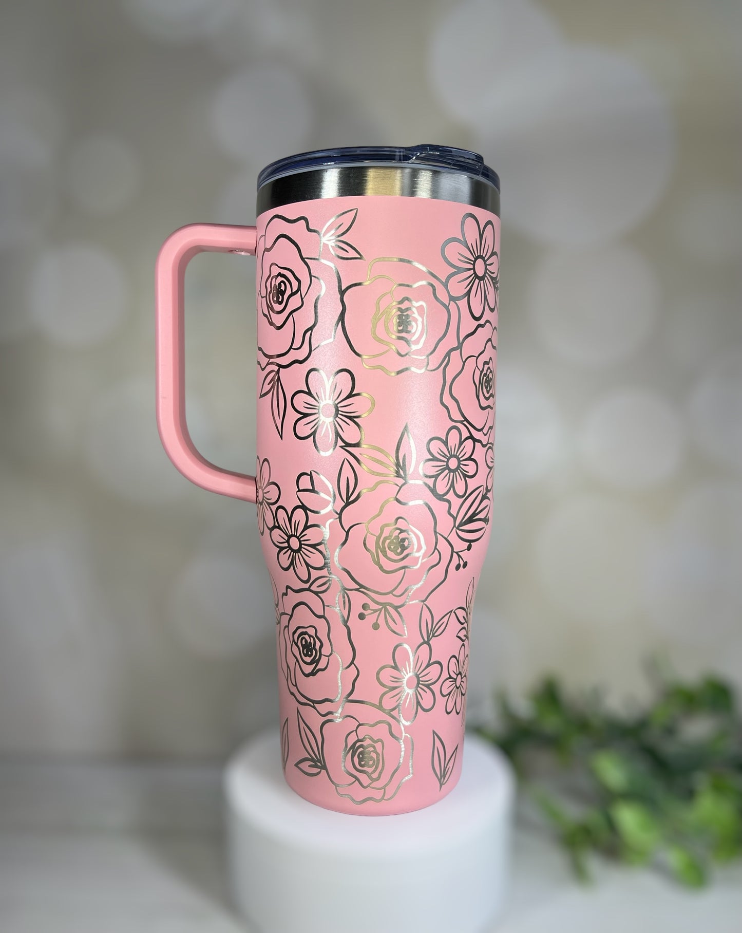 40 oz Pink Engraved Rose Floral Tumbler