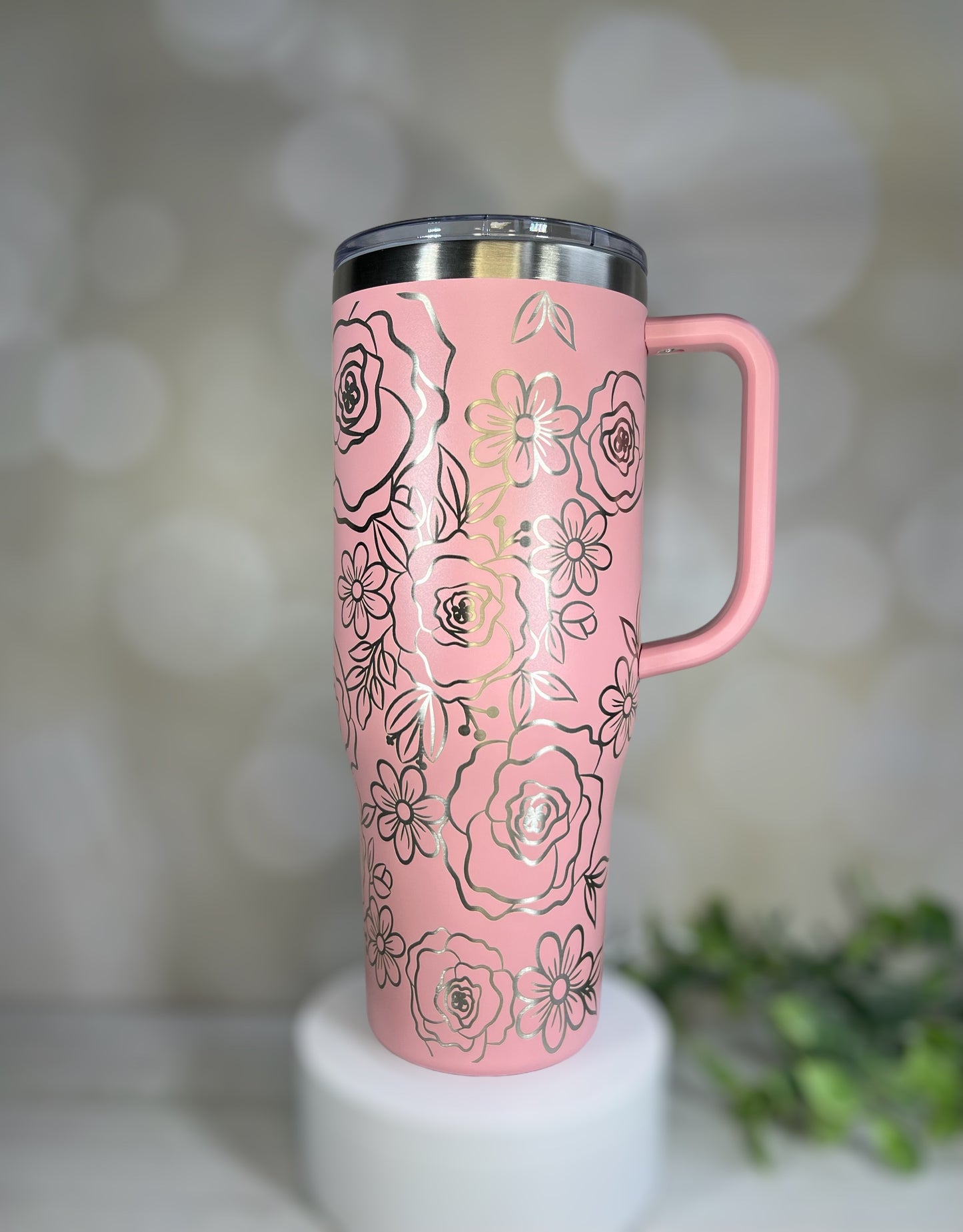 40 oz Pink Engraved Rose Floral Tumbler