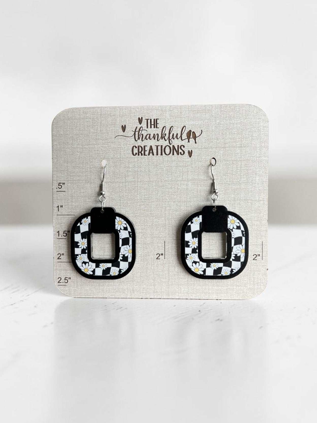 Black checkered daisy earrings bold modern handmade acrylic statement jewelry