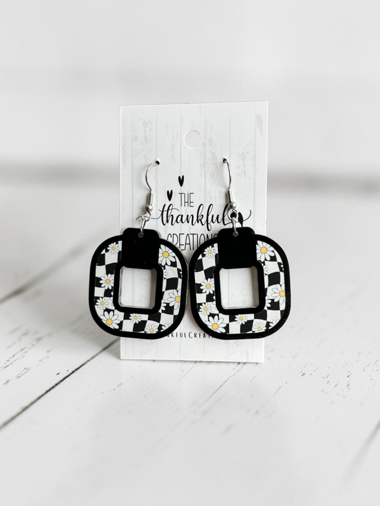 Black checkered daisy earrings bold modern handmade acrylic statement jewelry