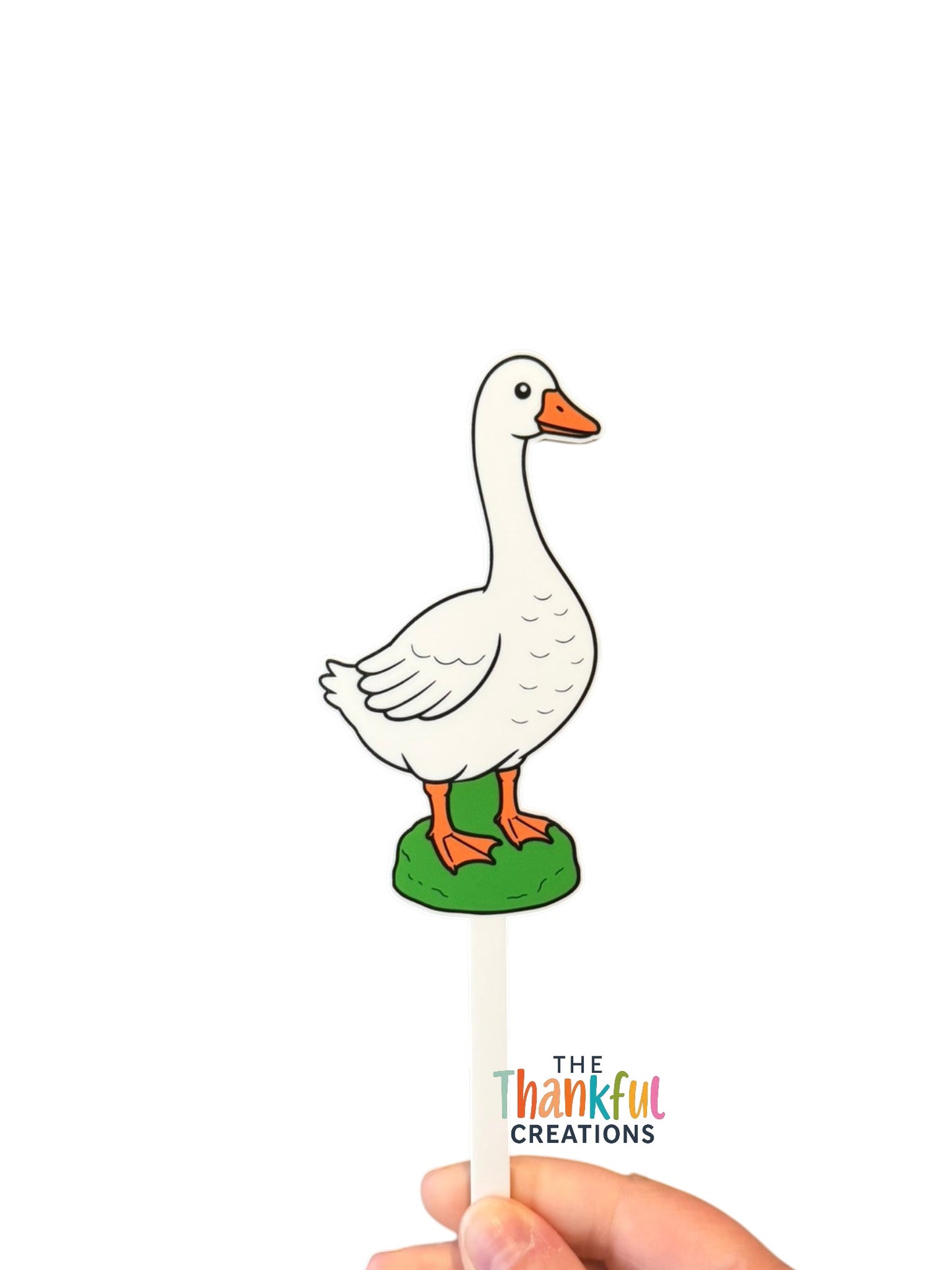 Concrete porch goose inspired plant stake with vintage cottagecore style, whimsical garden decor for indoor plants and flower pots featuring an original goose design.