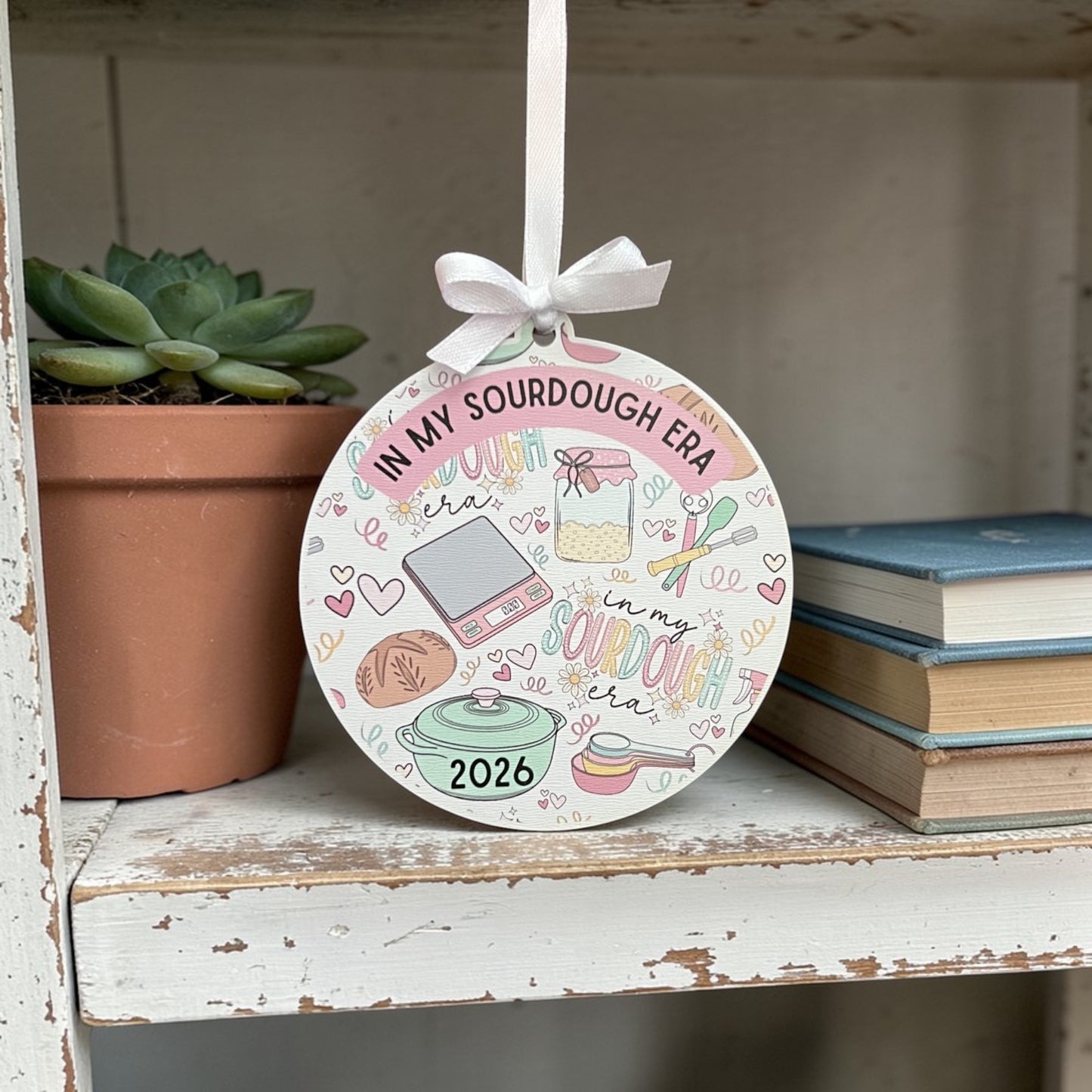 In My Sourdough Era ornament 2026, sourdough baking themed Christmas ornament with pastel kitchen illustration