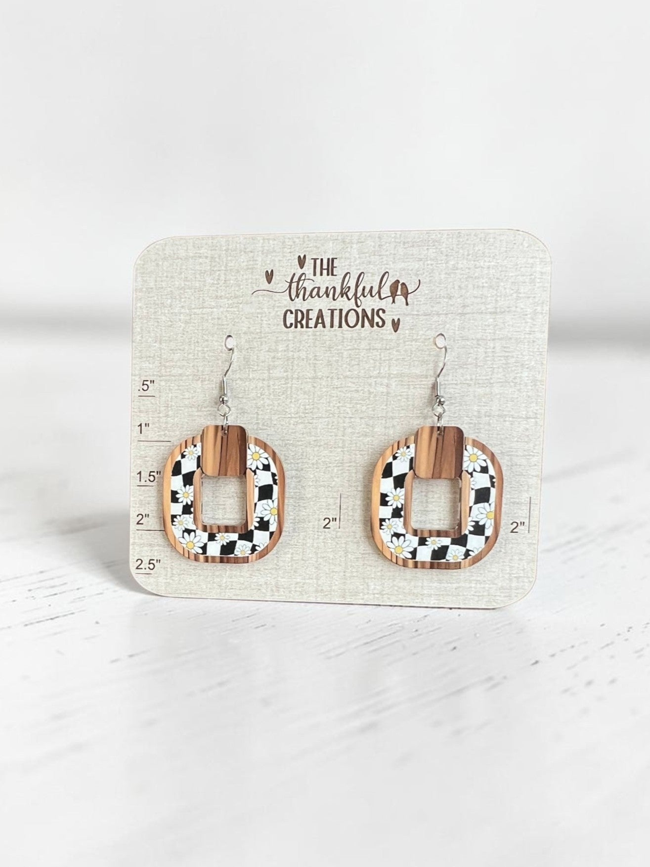 Faux wood checkered daisy earrings neutral handmade lightweight statement dangles