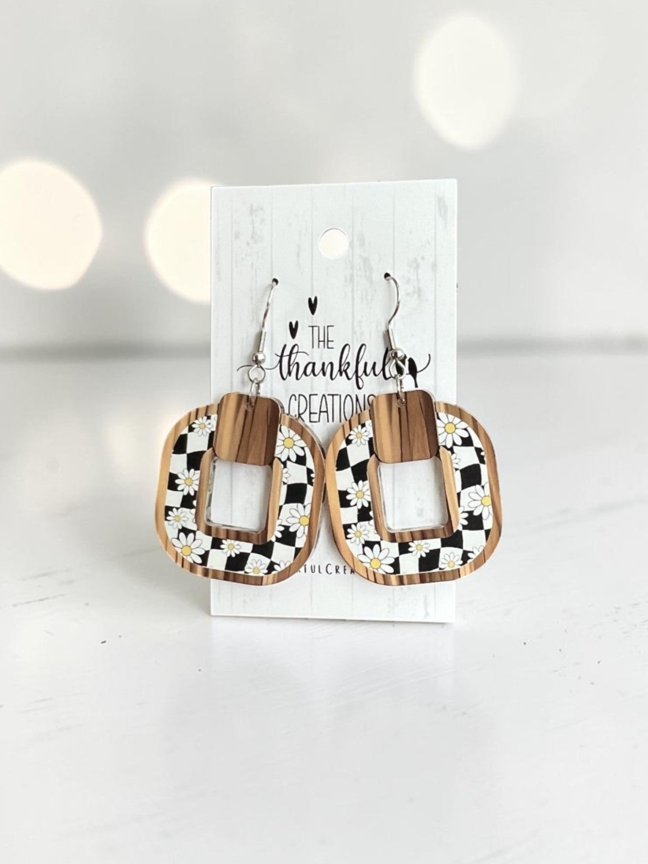 Faux wood checkered daisy earrings neutral handmade lightweight statement dangles