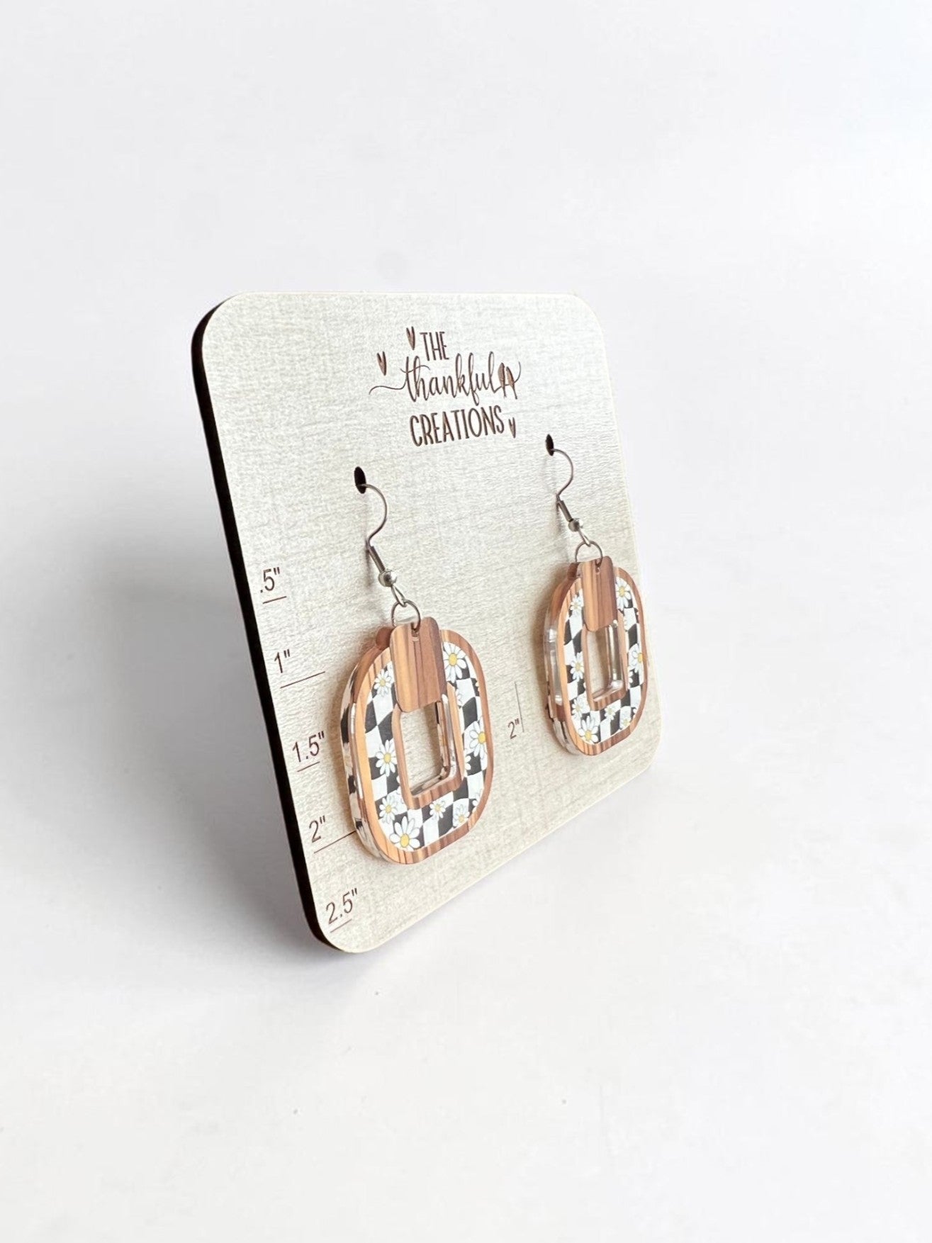 Faux wood checkered daisy earrings neutral handmade lightweight statement dangles