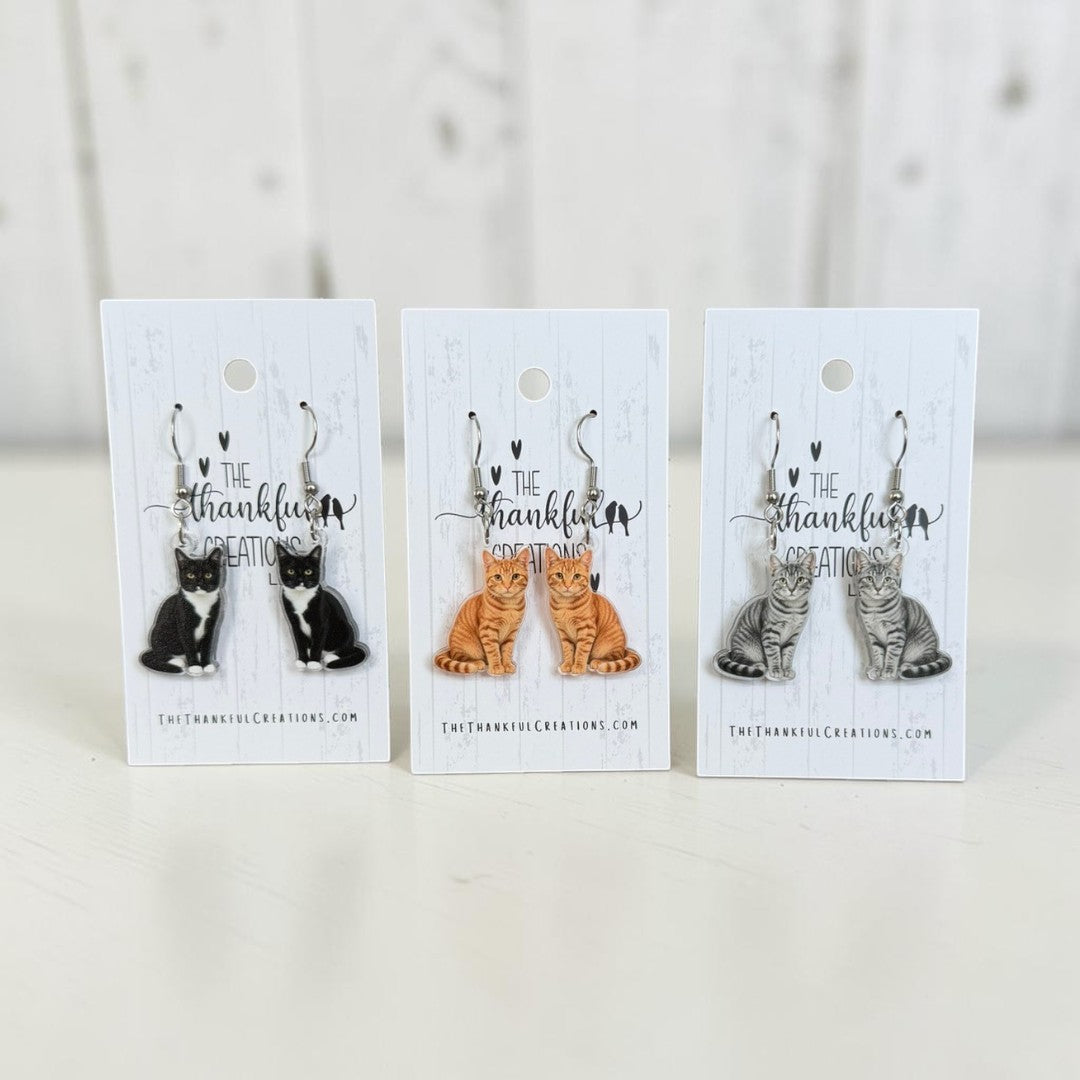 Adorable handmade cat earrings for feline lovers! Lightweight acrylic cat jewelry makes the perfect gift for cat moms, pet lovers, and anyone who loves unique handmade accessories.