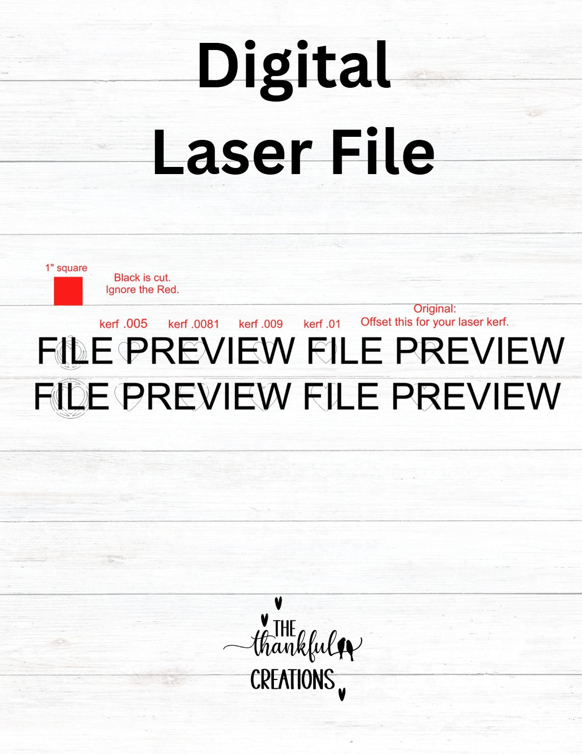Digital laser file preview with text and branding on a white background