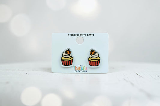Pumpkin Cupcake Stud Earrings | Fall Dessert Acrylic Studs