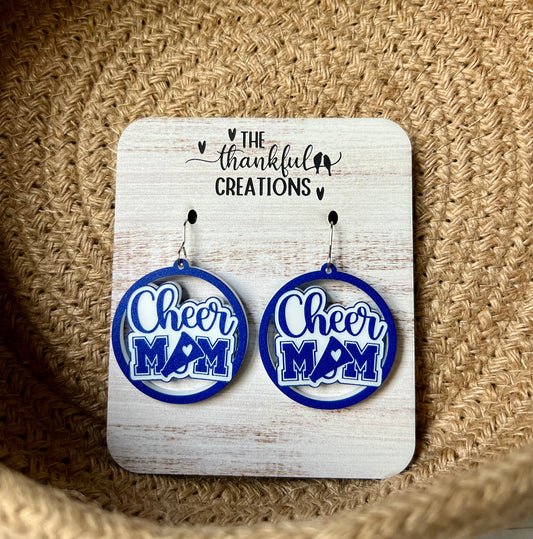 Blue and White Cheer Mom Earrings