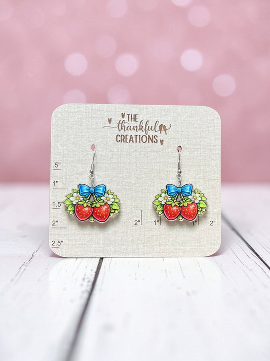 Cute strawberry earrings with bow and flowers handmade acrylic fruit jewelry