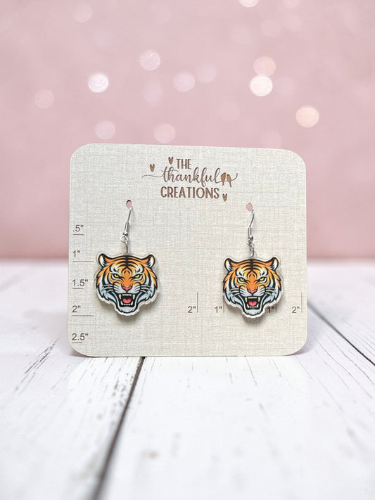 Tiger mascot earrings for game day UV printed acrylic sports fan jewelry