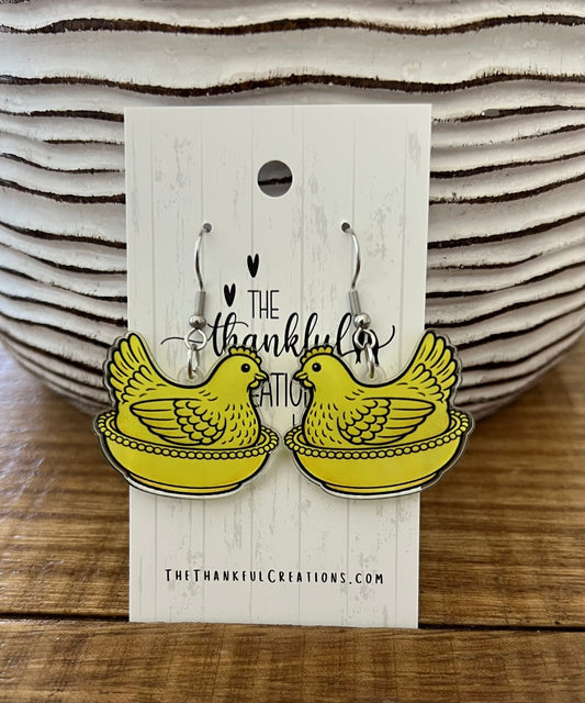 Vintage hen on nest chicken earrings in multiple colors displayed on farmhouse style cards