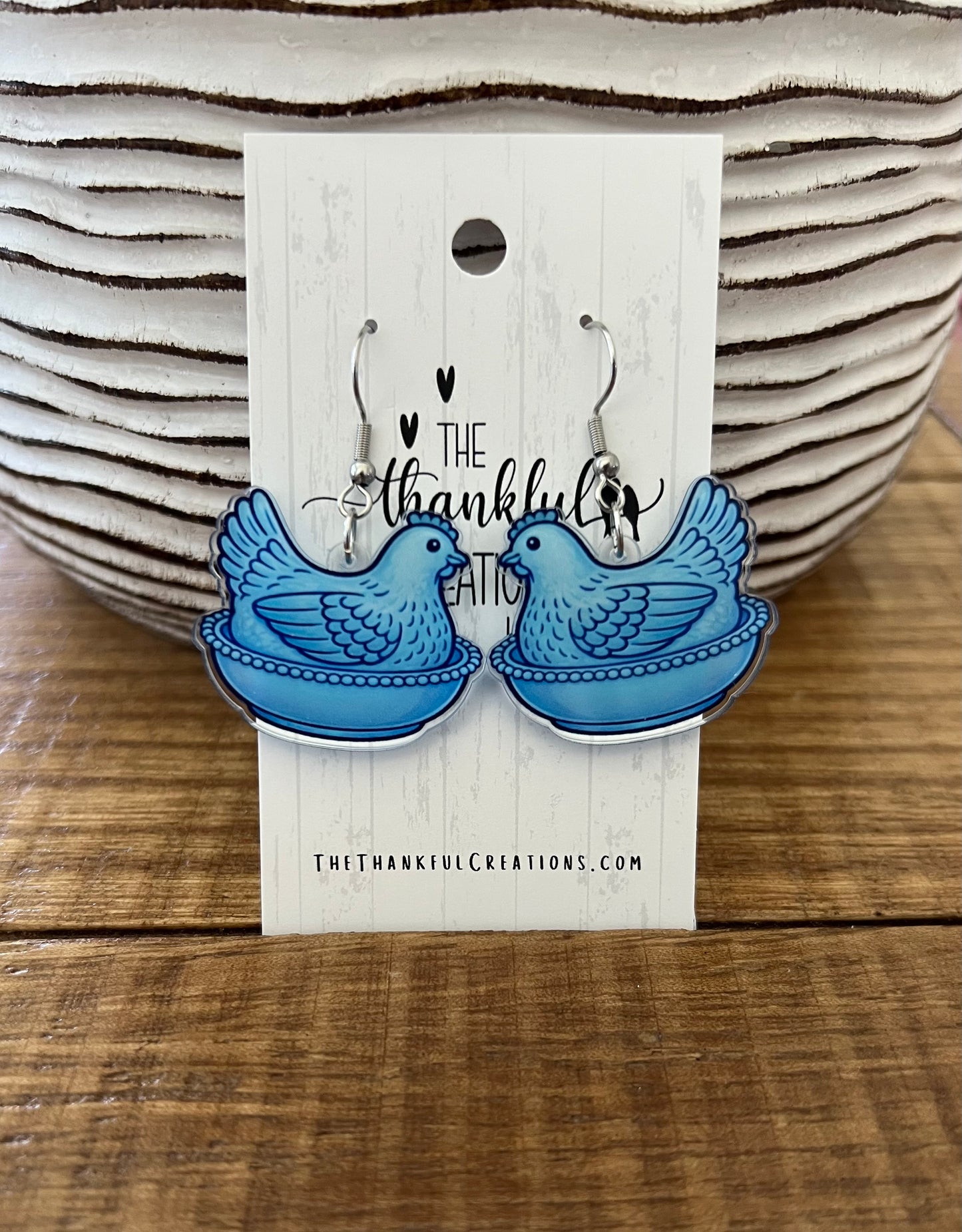 Vintage hen on nest chicken earrings in multiple colors displayed on farmhouse style cards