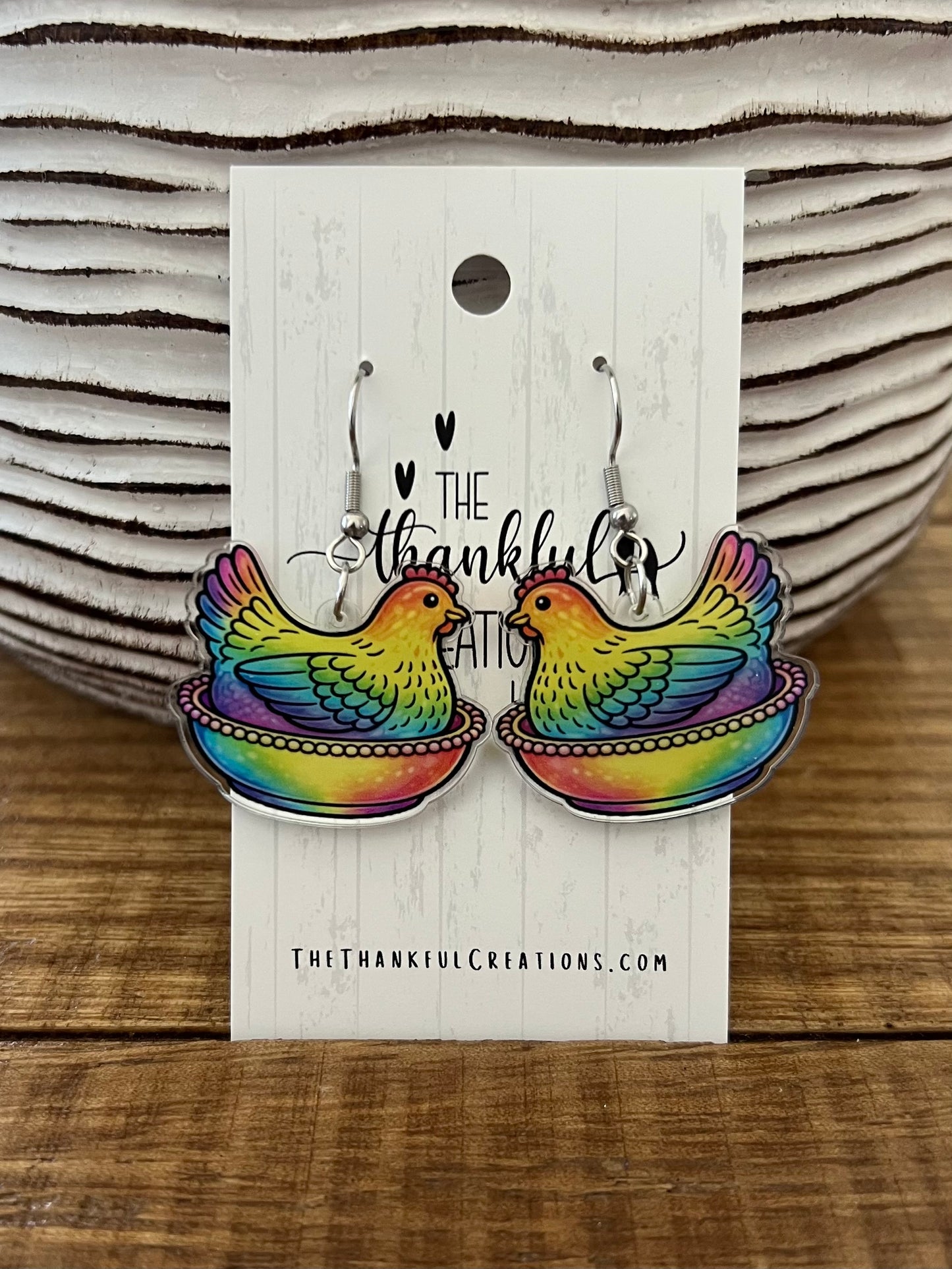 Vintage hen on nest chicken earrings in multiple colors displayed on farmhouse style cards