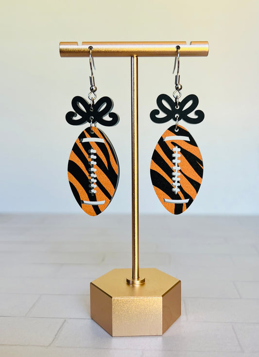 Football Earrings Black and Orange Tiger Striped with Black Bow