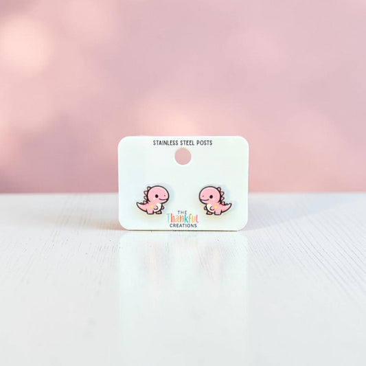 Pink Dinosaur Stud Earrings | Cute Dino Acrylic Studs
