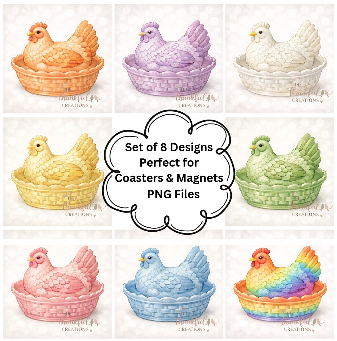 Hen in Dish PNG Digital Download Bundle for Coasters, Magnets, Sublimation, UV print