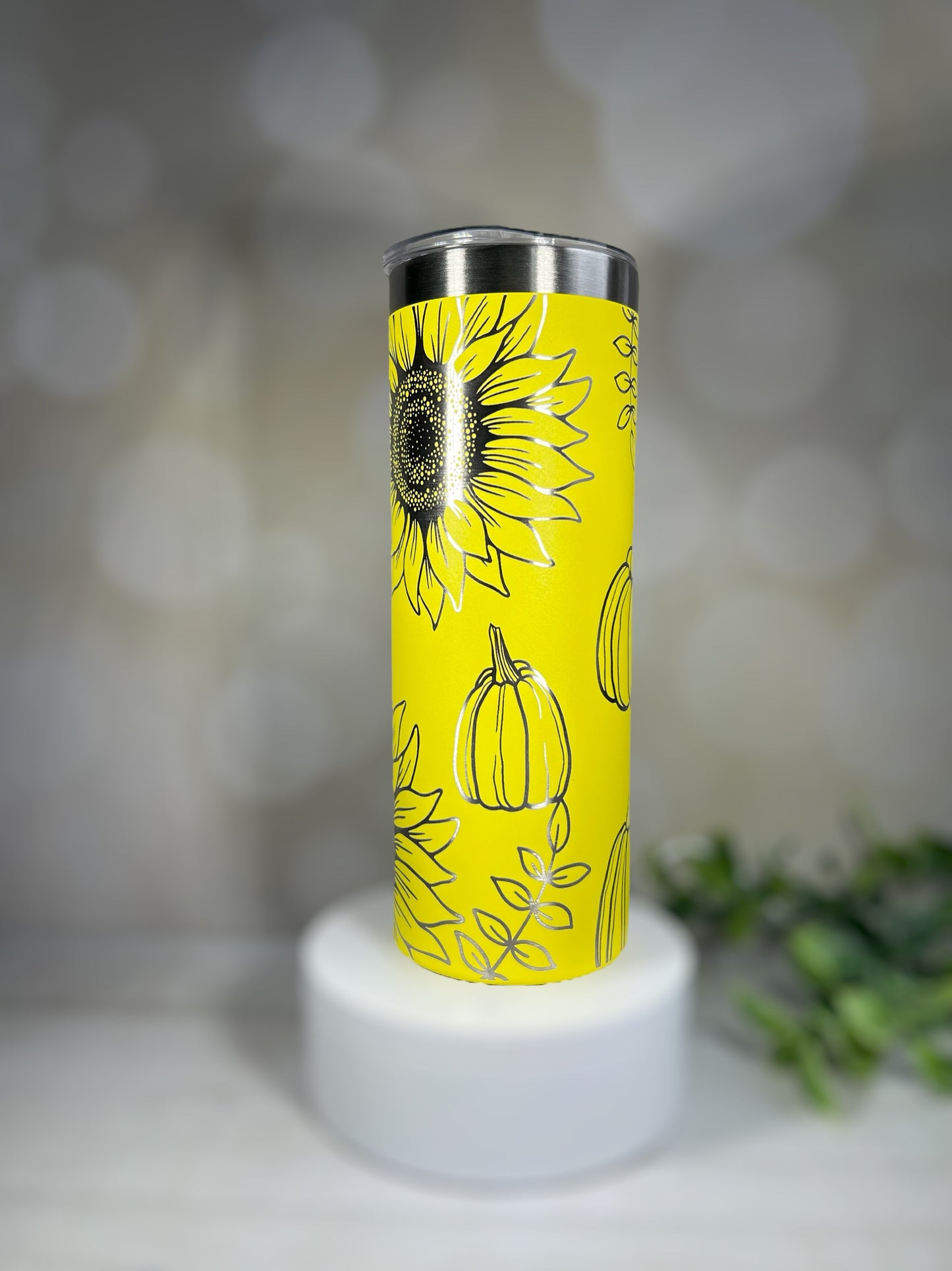20 oz Skinny Tumbler Fall Pumpkin and Sunflowers Engraved