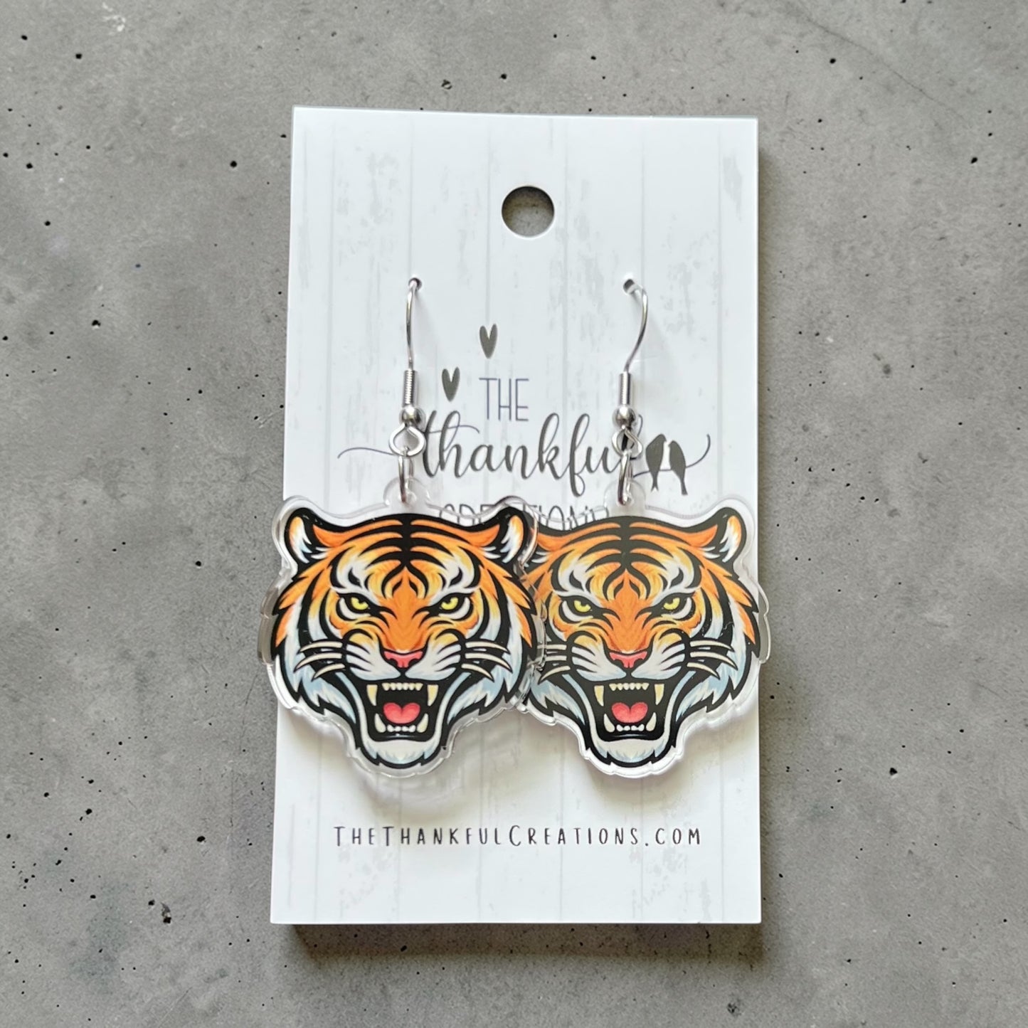 Tiger face game day earrings UV printed on clear acrylic handmade team spirit jewelry
