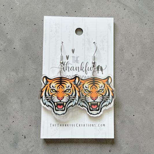 Tiger face game day earrings UV printed on clear acrylic handmade team spirit jewelry