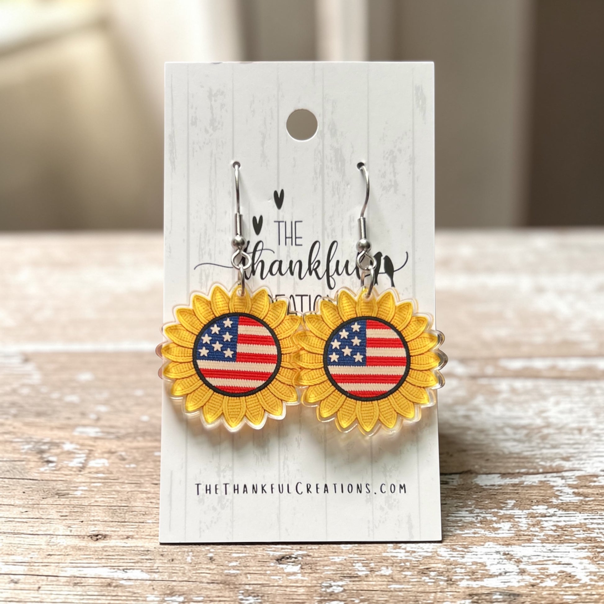 Patriotic sunflower American flag earrings with faux knit texture handmade acrylic jewelry