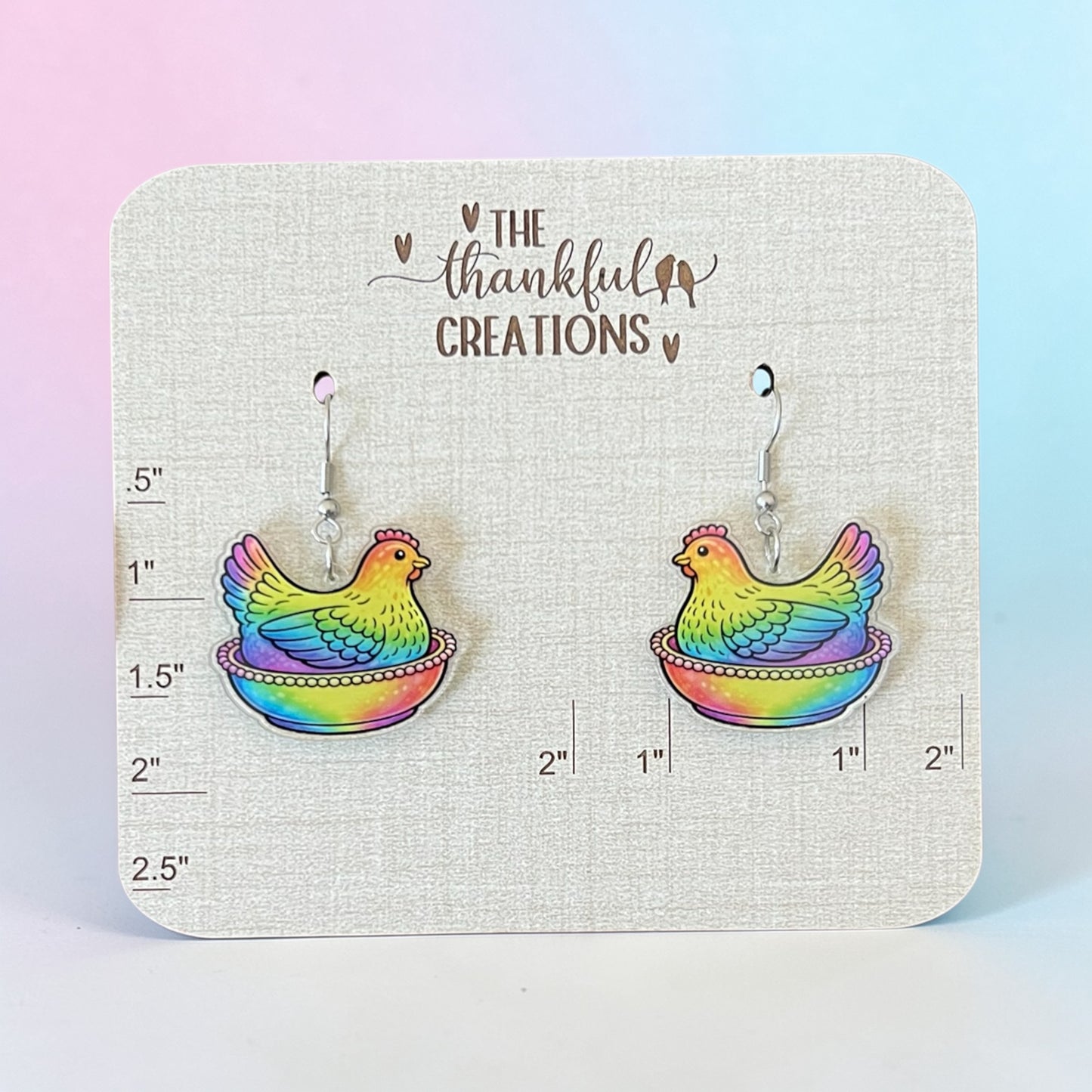 Vintage hen on nest chicken earrings in multiple colors displayed on farmhouse style cards