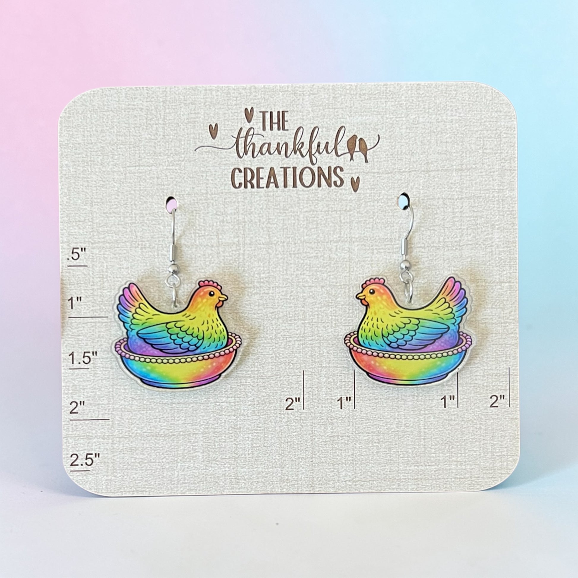 Vintage hen on nest chicken earrings in multiple colors displayed on farmhouse style cards