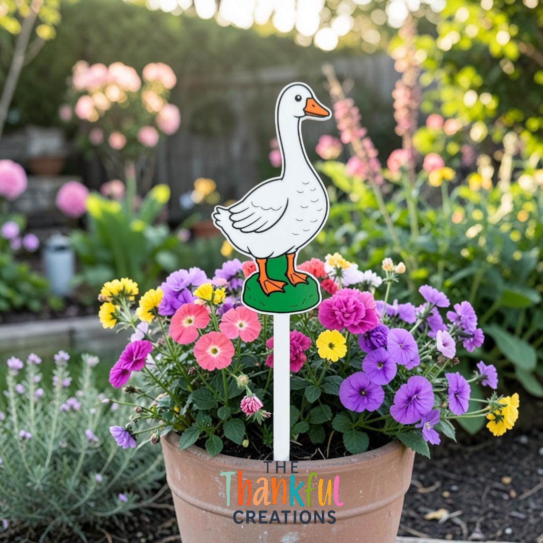 Whimsical concrete porch goose inspired plant stake for houseplants, featuring a vintage farmhouse and grandmacore aesthetic with a cute original goose illustration for plant lovers and cottagecore decor.