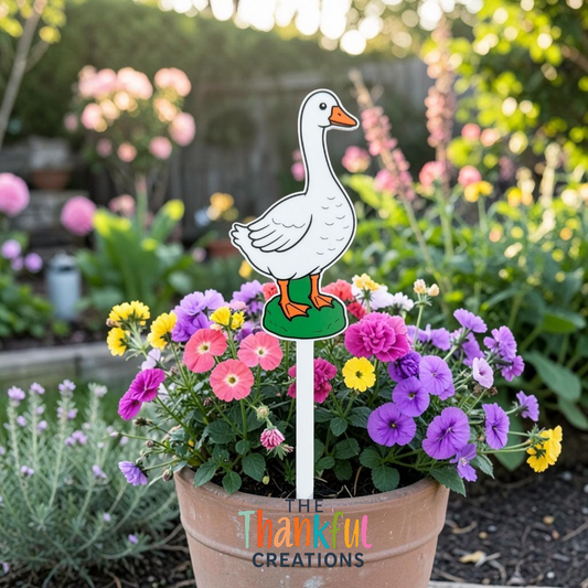 Whimsical concrete porch goose inspired plant stake for houseplants, featuring a vintage farmhouse and grandmacore aesthetic with a cute original goose illustration for plant lovers and cottagecore decor.