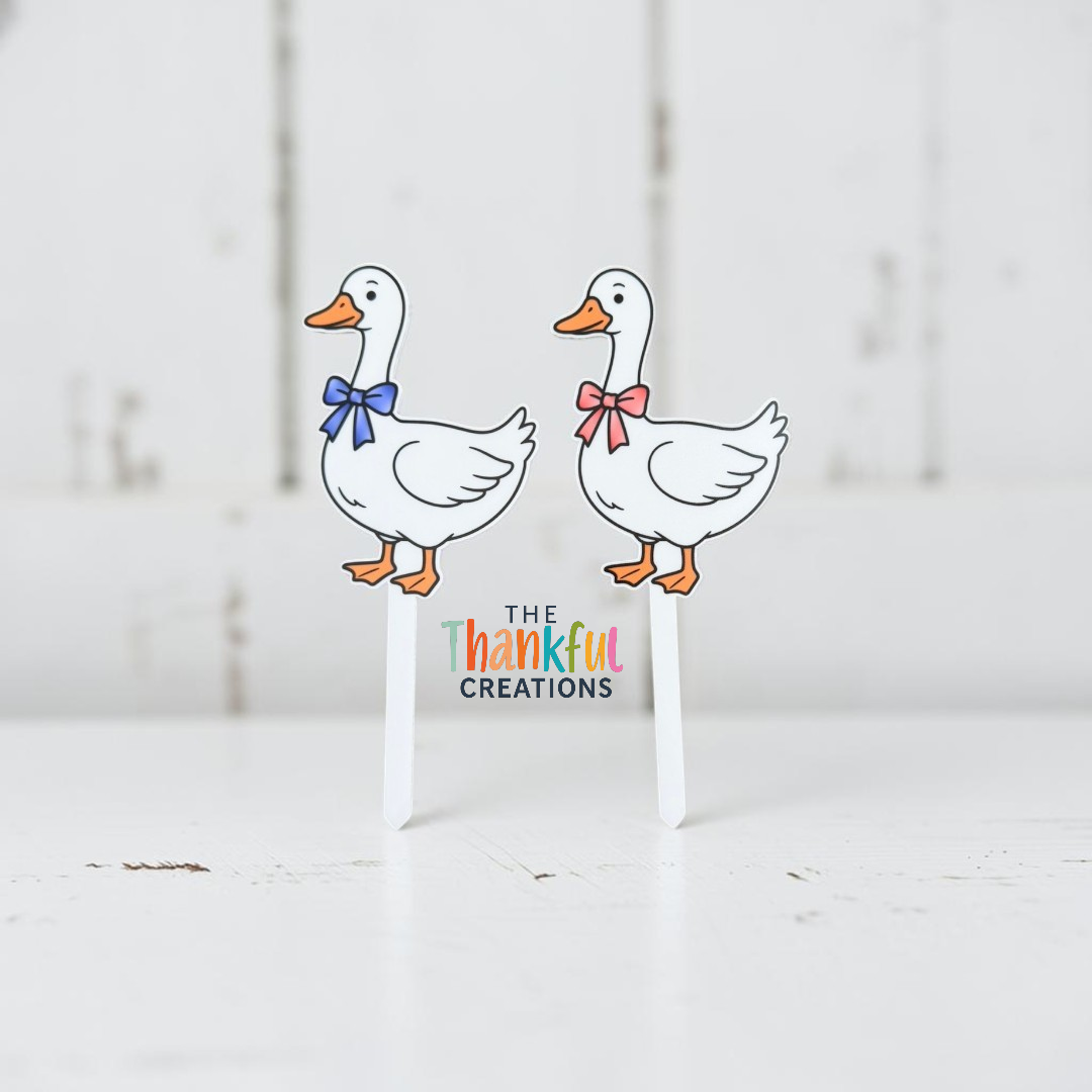 Cute goose with bow plant stake inspired by vintage concrete porch geese, featuring cottagecore, grandmacore, farmhouse, and whimsical garden decor aesthetics for indoor plants and flower pots.