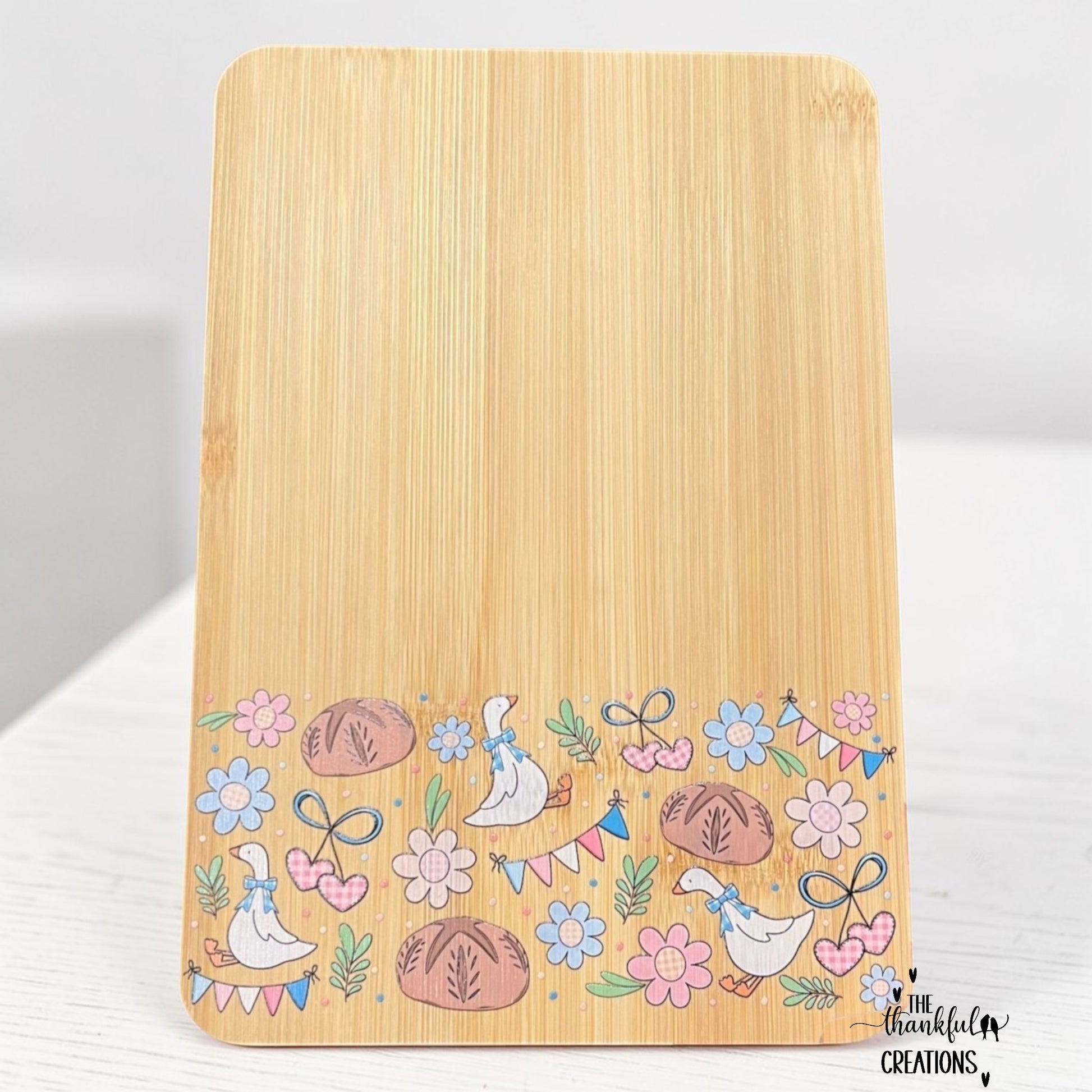 Goose and sourdough cottagecore cutting board with floral UV printed design on wood, decorative kitchen board farmhouse style