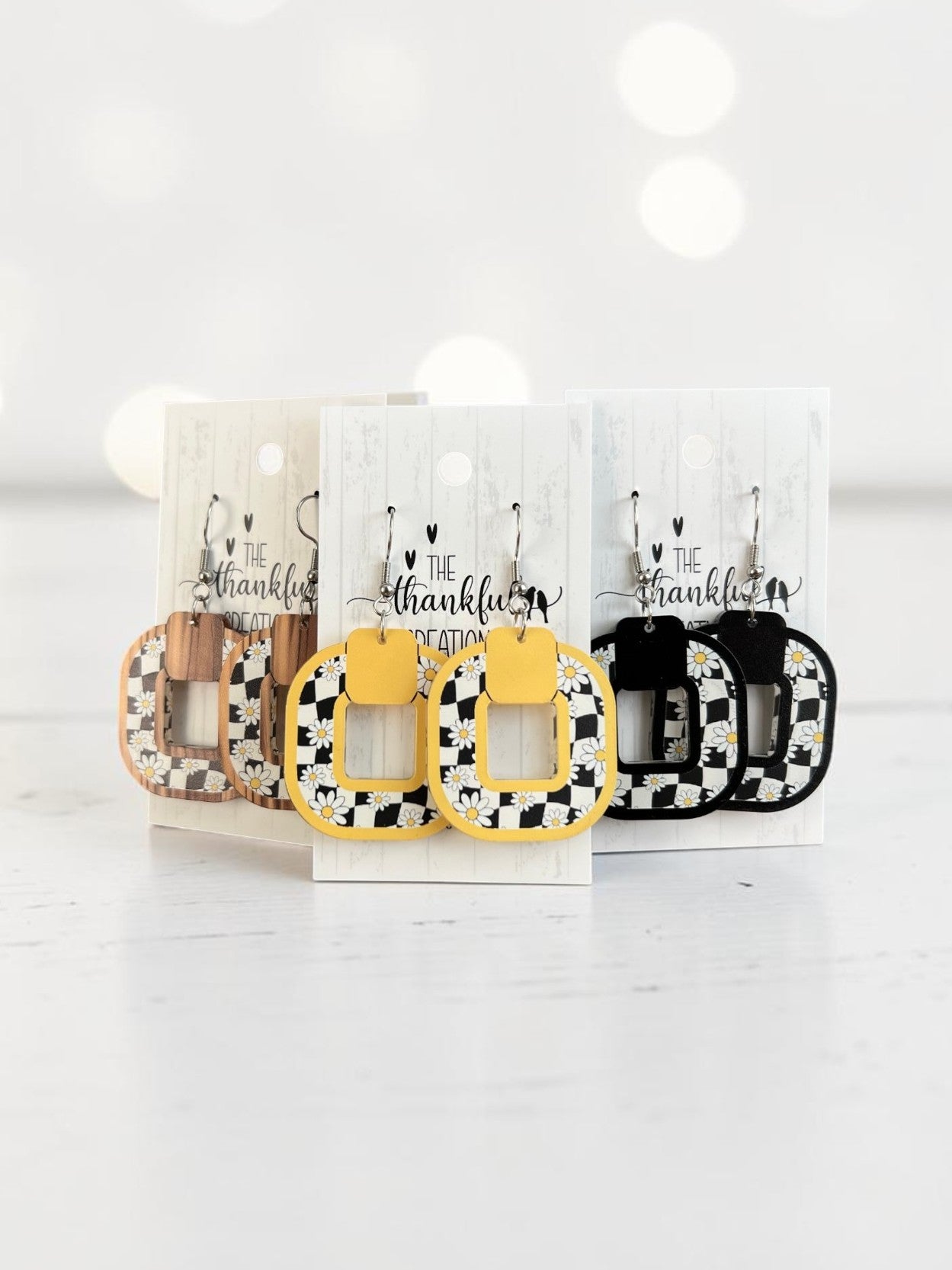 Yellow checkered daisy earrings lightweight handmade acrylic statement dangles