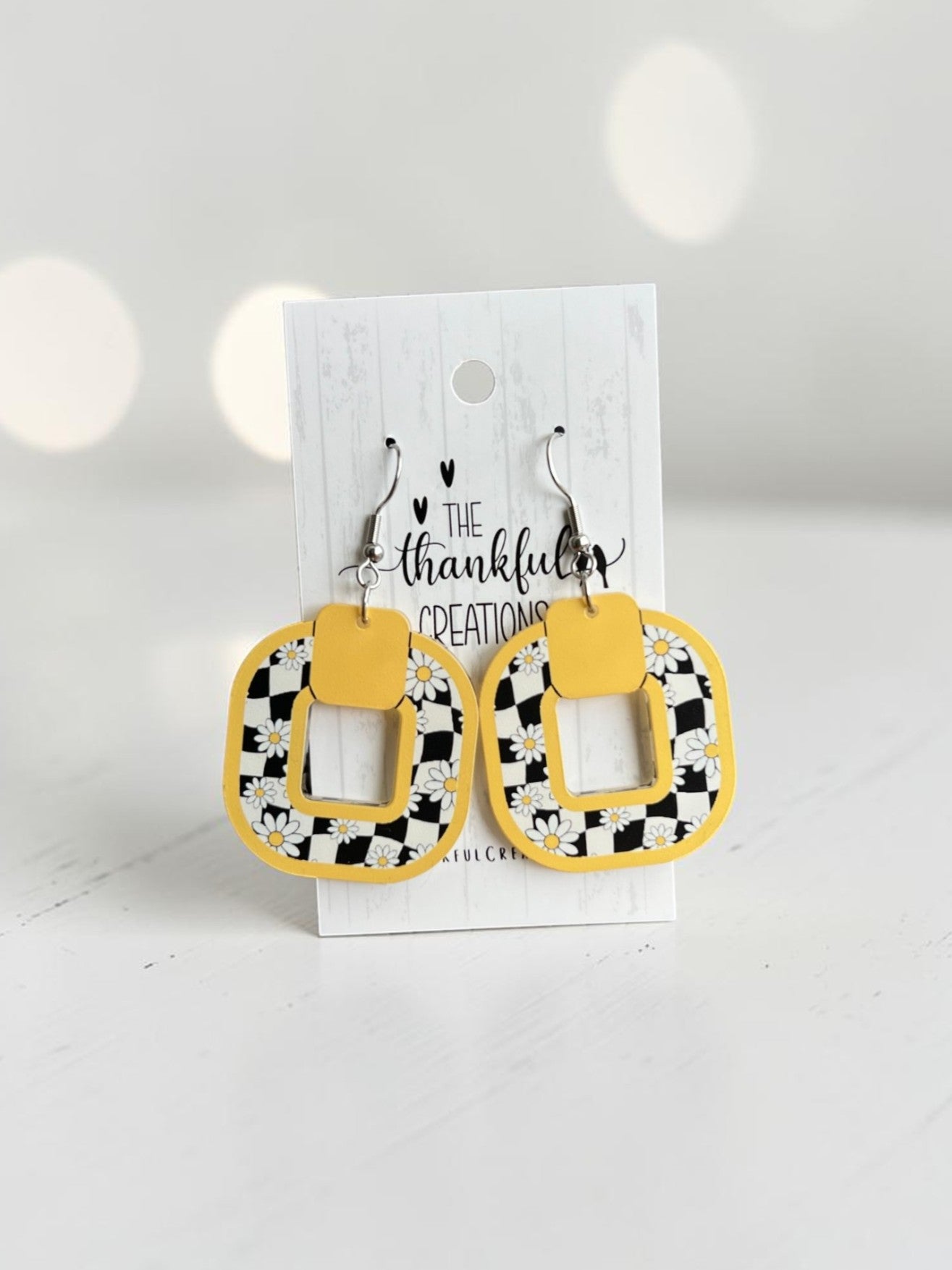 Yellow checkered daisy earrings lightweight handmade acrylic statement dangles
