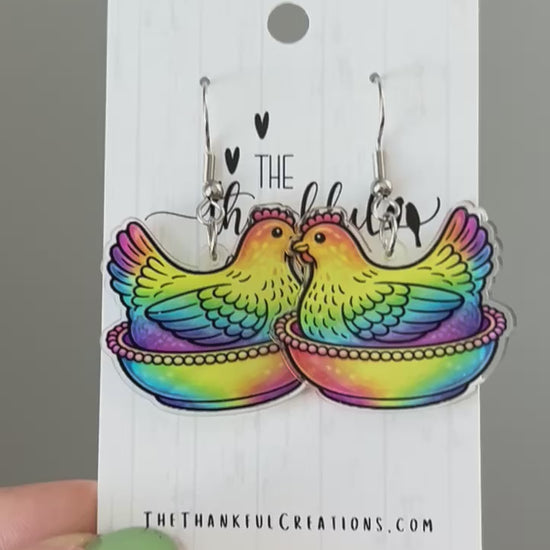Vintage hen on nest chicken earrings in multiple colors displayed on farmhouse style cards