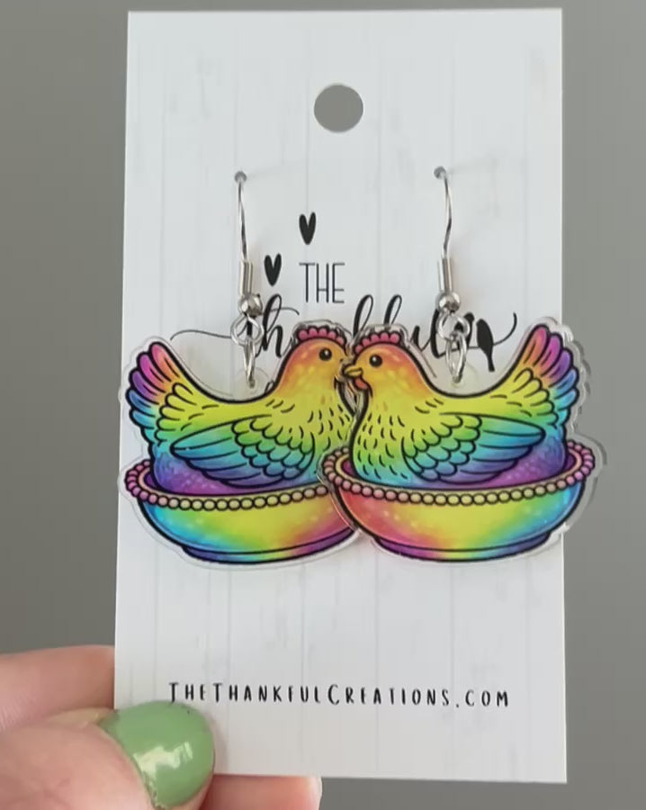 Vintage hen on nest chicken earrings in multiple colors displayed on farmhouse style cards
