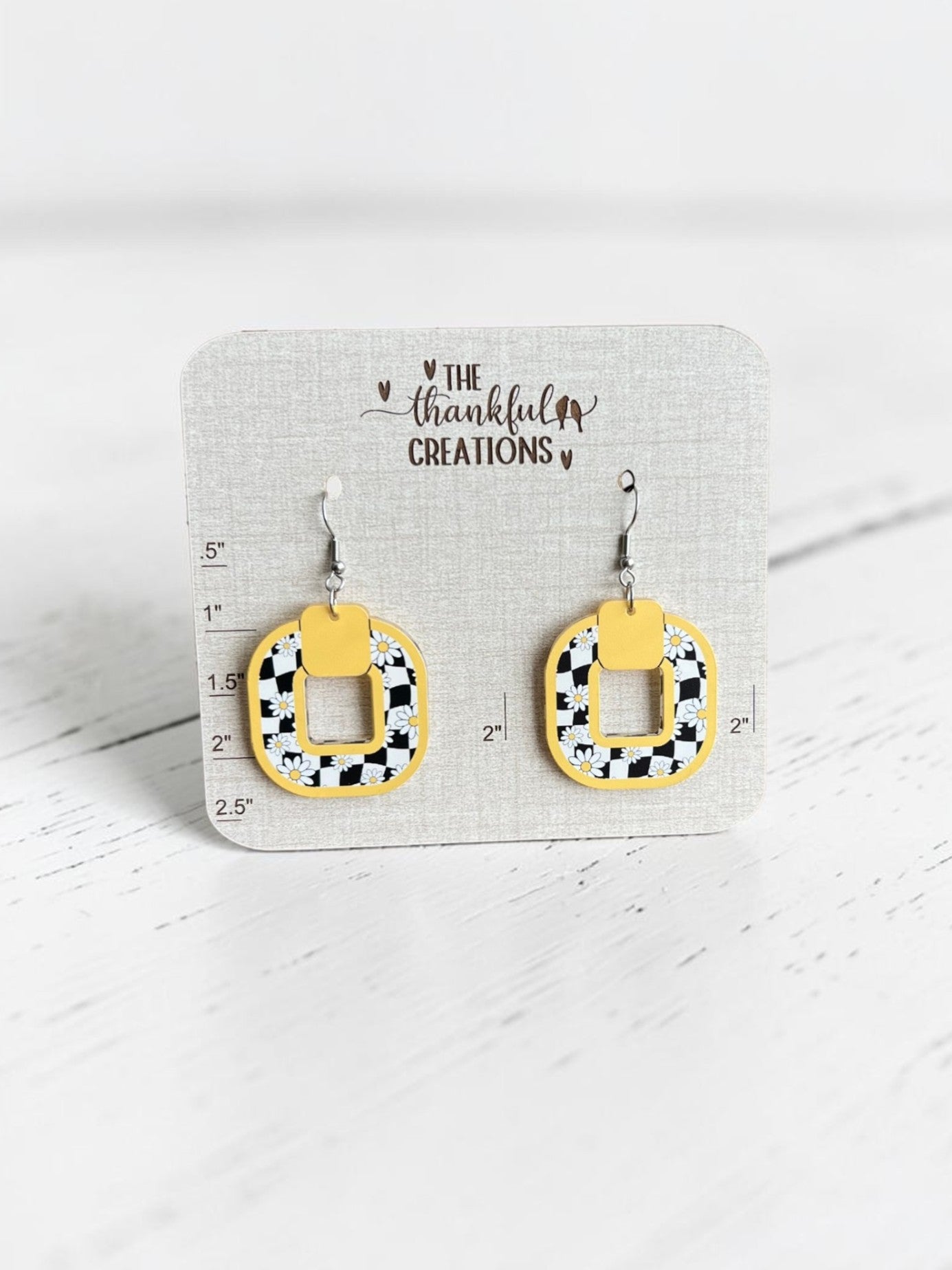Yellow checkered daisy earrings lightweight handmade acrylic statement dangles